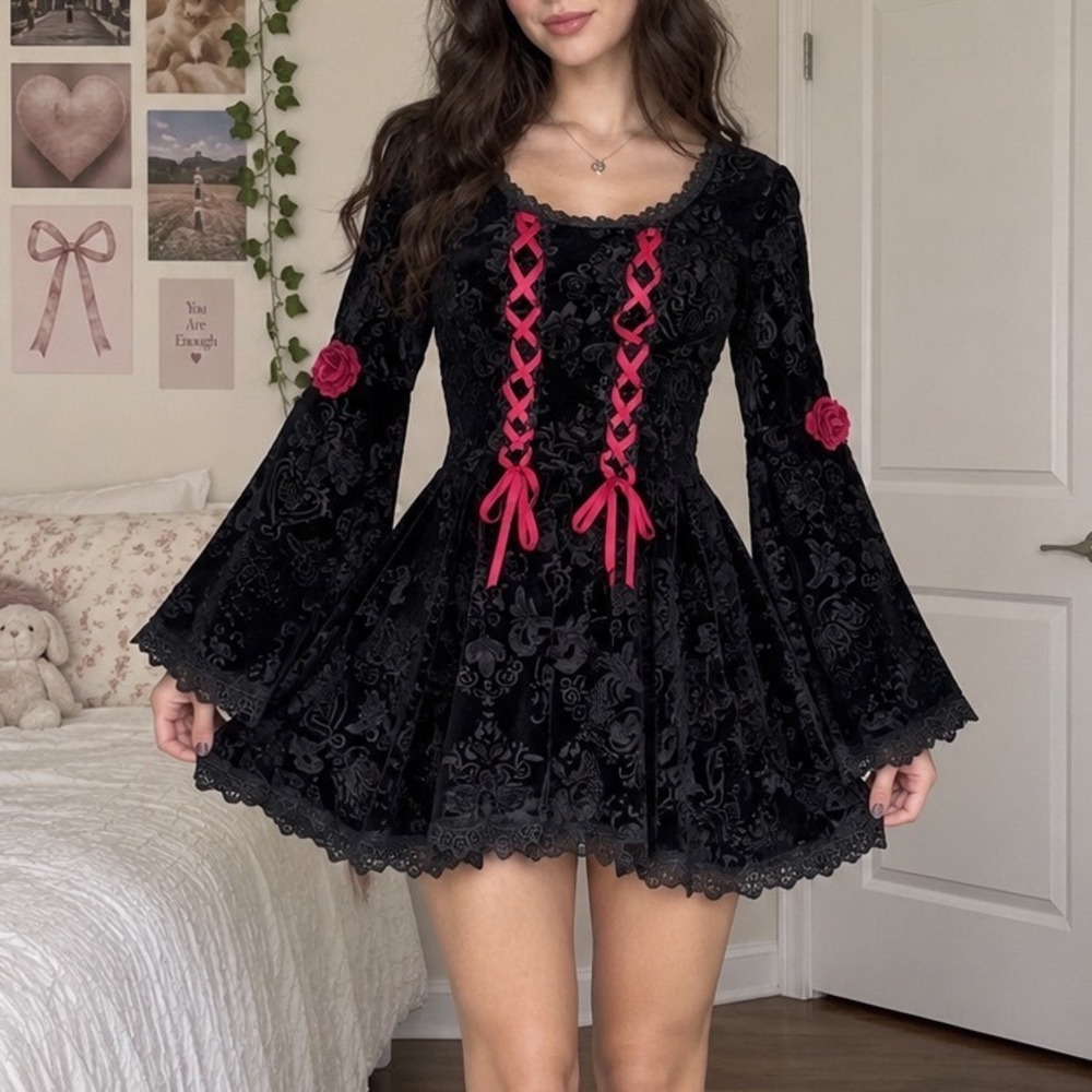Spirit Halloween Black Velvet Damask Bell Sleeve Lace Up Gothic Dress M costume